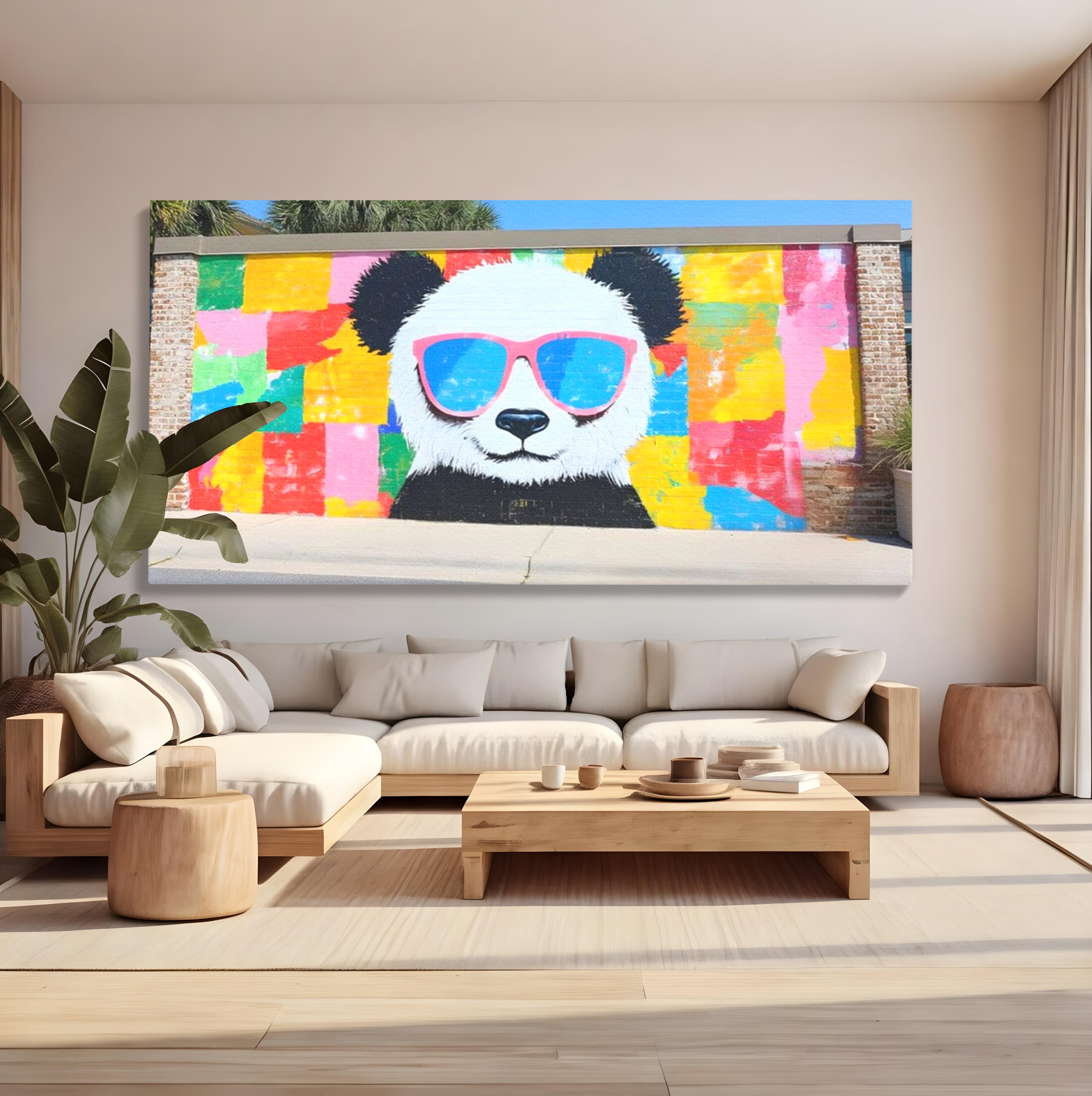 Tablou canvas cu tablou canvas cu panda grafitat, fara rama, pe sasiu de lemn, pe perete intr-un living